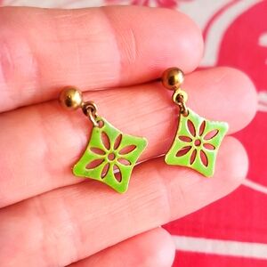 3/$25 Vintage Green and Gold Floral Enamel Earrings